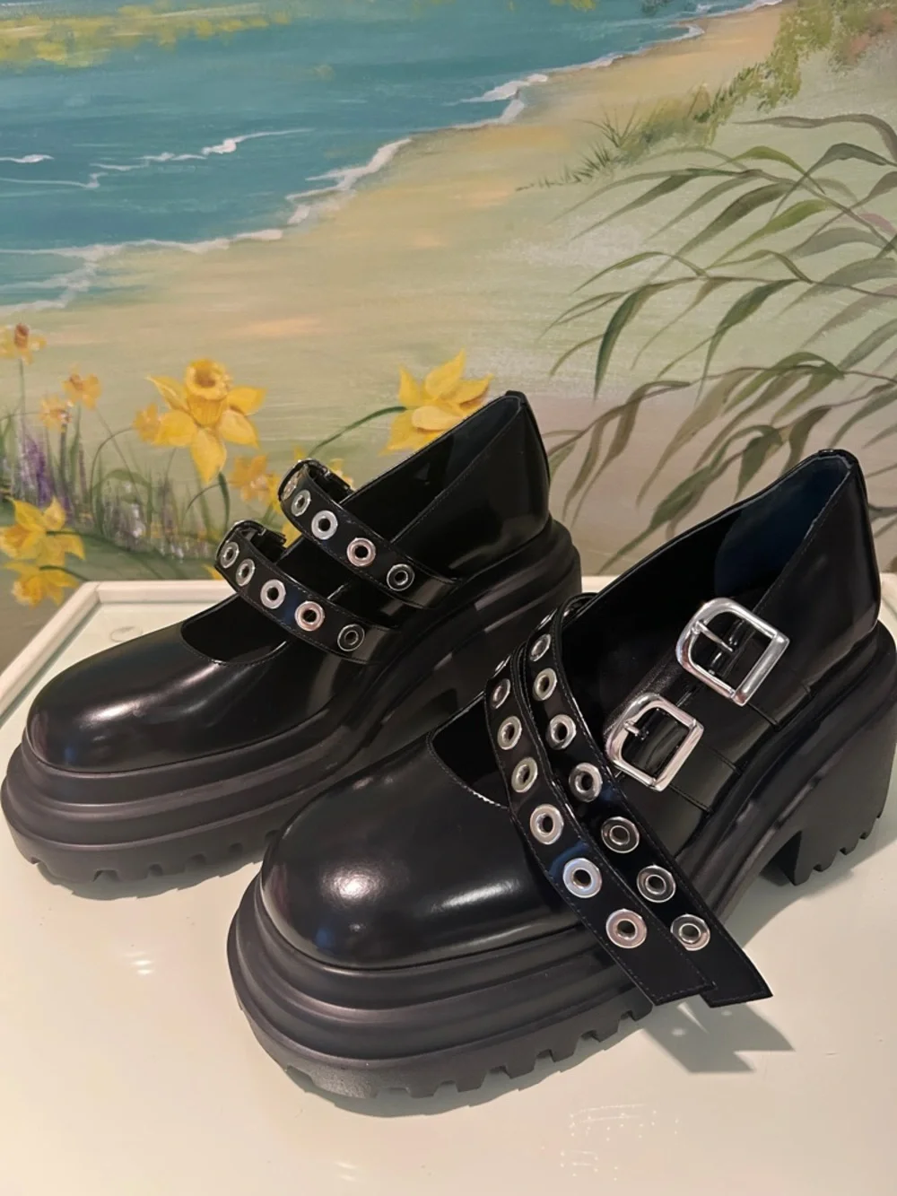 NWOB Maje Black Leather Platform Mary Jane “Babies” with Silver Eyelets